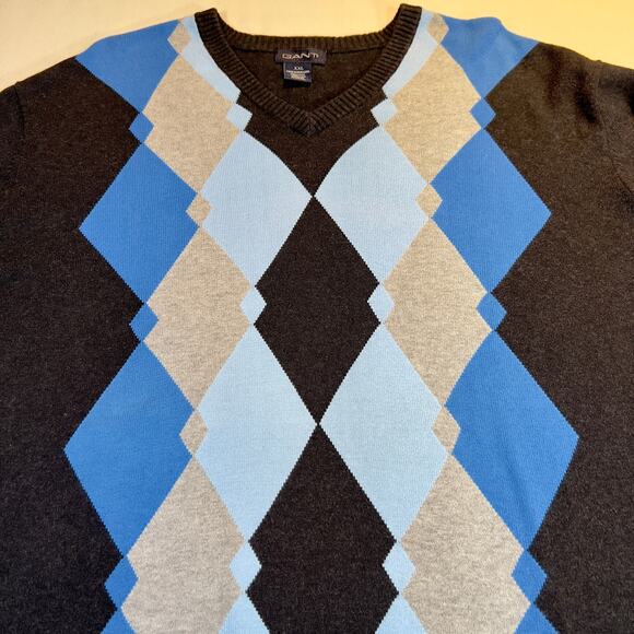 Gant Vintage Made in Hong Kong 100% Cotton Blue Argyle V-Neck Sweater Men's XXL - Picture 6 of 10